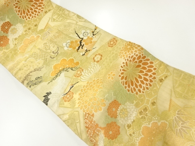 JAPANESE KIMONO / ANTIQUE NAGOYA OBI / WOVEN CRANE WITH PINE & KIKU